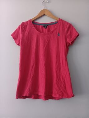 U.S. Polo Assn Pink Logo Tee Blue Embroidered Pony Cotton Short Sleeve Top M